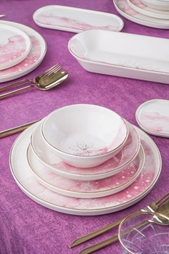 Acar Adore 27 Parça 6 Kişilik Desenli Stoneware Yuvarlak Yemek Takımı