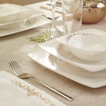 Emsan Fine Bone Lorella Gold 61 Parça 12 Kişilik Desenli Fine Bone Kare Yemek Takımı