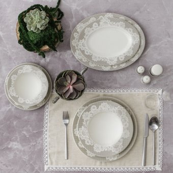 Güral Porselen Bone 8205502 61 Parça 12 Kişilik Desenli Porselen Yuvarlak Yemek Takımı