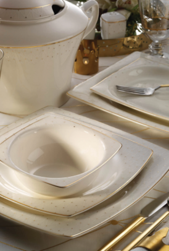 Kütahya Porselen Bone Mare 10750 62 Parça 12 Kişilik Desenli Kare Yemek Takımı