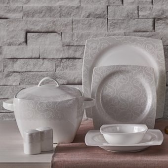 Neva Mentol Esinti Premium N2767 60 Parça 12 Kişilik Desenli Porselen Kare Yemek Takımı