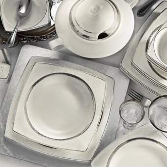 Kütahya Porselen Bone Mare 9620 62 Parça 12 Kişilik Desenli Porselen Kare Yemek Takımı