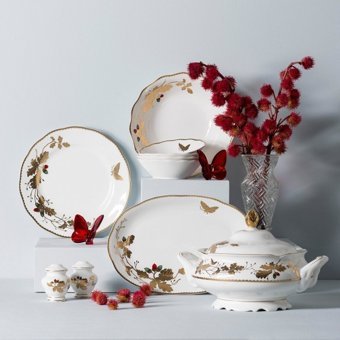 Jumbo Golden Butterfly 60 Parça 12 Kişilik Desenli Bone Yuvarlak Yemek Takımı