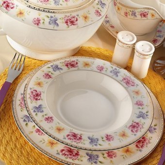 Kütahya Porselen Bone China 25136 84 Parça 12 Kişilik Desenli Bone China Yuvarlak Yemek Takımı