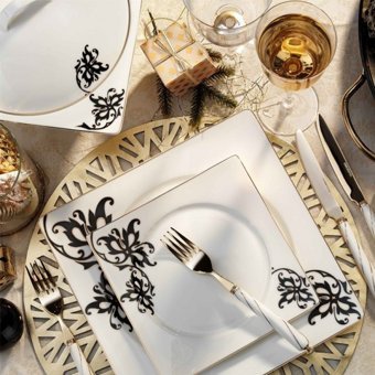 Kütahya Porselen Square Bone 65100 84 Parça 12 Kişilik Desenli Porselen Kare Yemek Takımı