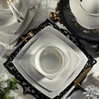 Kütahya Porselen Bone Mare 955920 62 Parça 12 Kişilik Desenli Porselen Kare Yemek Takımı