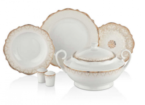 Korkmaz Eliza Collection A8238 60 Parça 12 Kişilik Desenli Kemik Tozu Yuvarlak Yemek Takımı