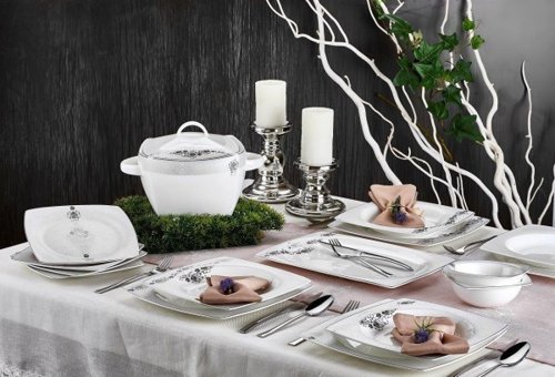 Neva Parmıda N2480 60 Parça 12 Kişilik Desenli Porselen Kare Yemek Takımı