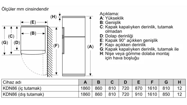Siemens KD86NAWF1N Çift Kapılı Nofrost F Enerji Sınıfı 641 lt Modern Üstten Donduruculu Solo Kombi Tipi Buzdolabı