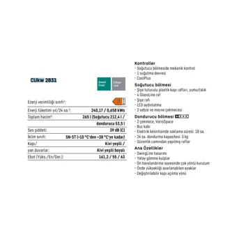 Liebherr CUKW 2831 Çift Kapılı Statik A Enerji Sınıfı 274 lt Yeşil Alttan Donduruculu Solo Kombi Tipi Buzdolabı