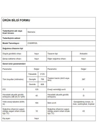 Siemens CI30RP02L Tek Kapılı Nofrost E Enerji Sınıfı 547 lt Modern Ankastre Kombi Tipi Buzdolabı