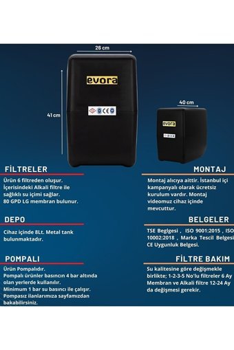 Evora 6 Filtreli 8 lt Kapalı Kasa Pompalı Tezgah Altı Su Arıtma Cihazı