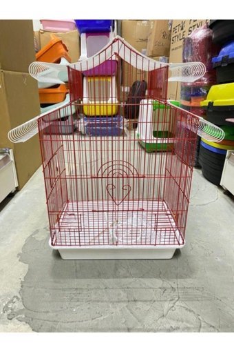 Güvenilir Petshop Çatılı Dikdörtgen Krom Papağan Kafesi Beyaz - Kırmızı