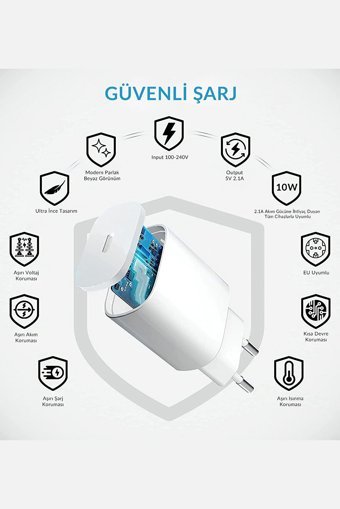Deji Redmi 10A-9A-9C-7-7A-Go-A2 Lite-Play-5 Plus-6-6 Pro-6A Type C Kablolu Hızlı Şarj Muadil Şarj Aleti Beyaz