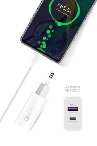 Paleon iPhone-Samsung-Huawei-Xiaomi USB Kablolu 40 W Hızlı Şarj Muadil Şarj Aleti Beyaz