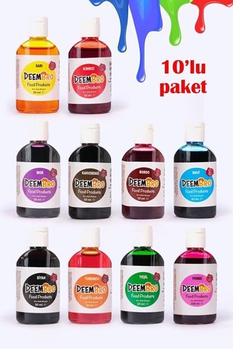 Deembro Bordo Kahverengi Kırmızı Mavi Mor Pembe Sarı Siyah Turuncu Yeşil Su Bazlı Sıvı Gıda Boyası 10x50 ml