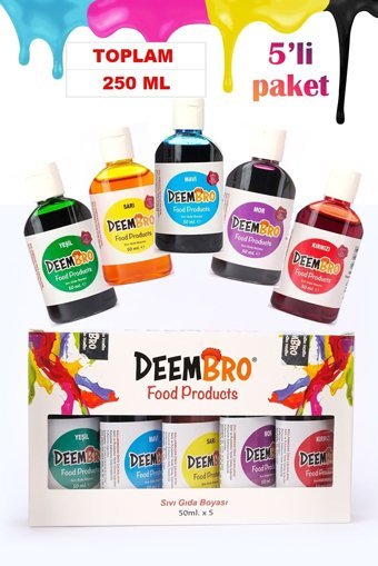 Deembro Bordo Kahverengi Kırmızı Mavi Mor Pembe Sarı Siyah Turuncu Yeşil Su Bazlı Sıvı Gıda Boyası 10x50 ml