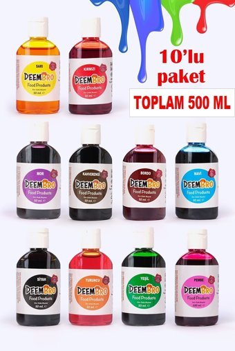 Deembro Bordo Kahverengi Kırmızı Mavi Mor Pembe Sarı Siyah Turuncu Yeşil Su Bazlı Sıvı Gıda Boyası 10x50 ml