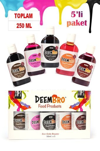 Deembro Bordo Kahverengi Kırmızı Mavi Mor Pembe Sarı Siyah Turuncu Yeşil Su Bazlı Sıvı Gıda Boyası 10x50 ml