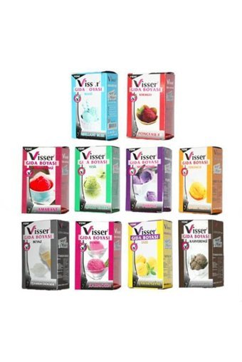 Visser Beyaz Kahverengi Kırmızı Mavi Mor Pembe Sarı Turuncu Yeşil Vişne Rengi Organik Toz Gıda Boyası 10x9 gr