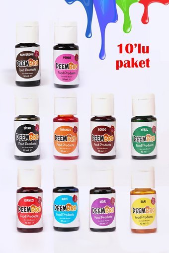 Deembro Bordo Kahverengi Kırmızı Mavi Mor Pembe Sarı Siyah Turuncu Yeşil Su Bazlı Sıvı Gıda Boyası 10x10 ml