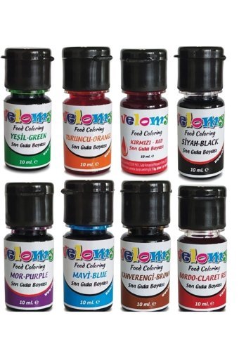 Velomy Bordo Kırmızı Mavi Mor Siyah Kahverengi Turuncu Yeşil Su Bazlı Sıvı Gıda Boyası 8x10 gr
