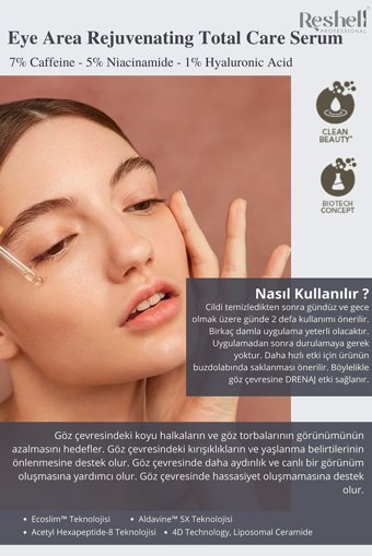 Reshell %7 Caffeine %1 Hyalüronik Asit Aydınlatıcı Göz Altı Torba Karşıtı Gece Gündüz Serumu 30 ml