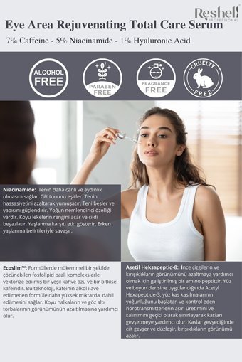Reshell %7 Caffeine %1 Hyalüronik Asit Aydınlatıcı Göz Altı Torba Karşıtı Gece Gündüz Serumu 30 ml