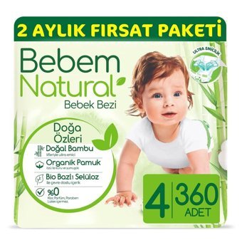 Bebem Natural Doğa Özleri 4 Numara Organik Göbek Oyuntulu Cırtlı Bebek Bezi 360 Adet