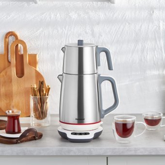 Homend 1709H Royaltea Konuşan Otomatik Çelik Demlikli 1800 W Işıklı Çelik Gövdeli İnox Çay Makinesi