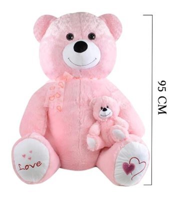 Selay Oyuncak Pembe Büyük Boy Peluş Gülen Yavrulu Ayı 95 cm Peluş Oyuncak