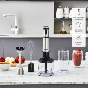 Karaca Quick Mix 500 ml Plastik Hazneli Buz Kırıcılı Turbolu Çift Bıçaklı 5'li El Blender Seti İnox