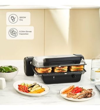 Karaca Crust Grill Toast 6 Dilim Çıkartılabilir Plaka Çift Taraflı Krem Izgaralı Tost Makinesi