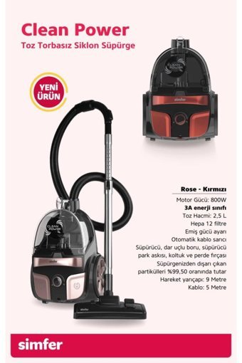 Simfer SK-6301 800 W Hepa Filtreli 2.5 lt Kapasiteli Toz Torbasız Süpürge Kırmızı