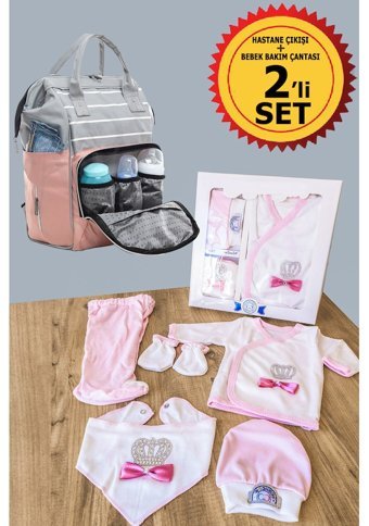 Cucul 5 Parça Taşlı Hastane Çıkışı İkili Set Bebek Sırt Çantası Pudra