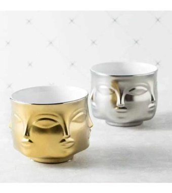 Florada 2 Adet Altın Sarı Gümüş Gri Renk 6'yüzlü Modern Saksı