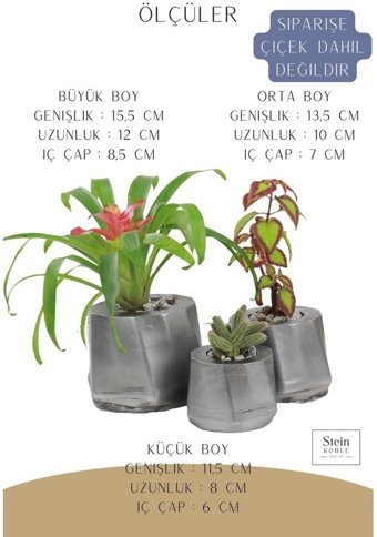 Evene Büyük Boy 3 Adet Kalın Çizgi Model Saksı Gümüş Eskitme