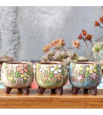 Florada 3 Adet Retro Sukulent Kaktüs Saksı Seti