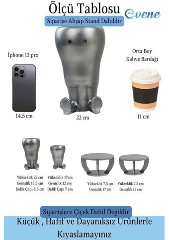 Evene Ahşap Ayaklı Beton Büyük Boy Set 2 Adet Havuç Model Saksı Gümüş Eskitme