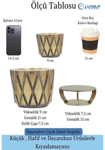 Evene Ahşap Ayaklı Beton Dekoratif Baklava Model Saksı Altın Eskitme