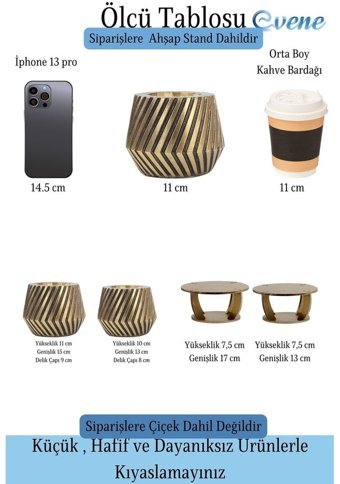 Evene Ahşap Ayaklı Beton Büyük Boy Set Dişli Model Saksı Altın Eskitme