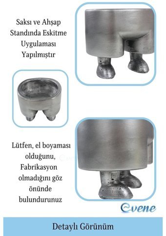 Evene Ahşap Ayaklı Beton Büyük Boy Pantolon Model Saksı Gümüş Eskitme