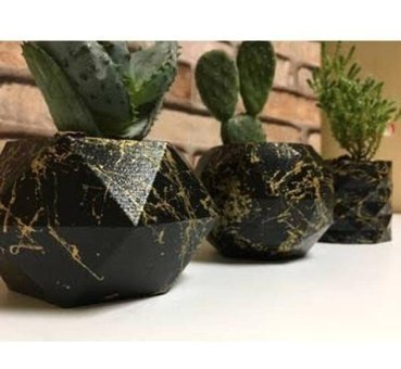 Florada 3 Adet Mermer Desenli Kaktüs ve Sukulent Saksı Siyah - Altın
