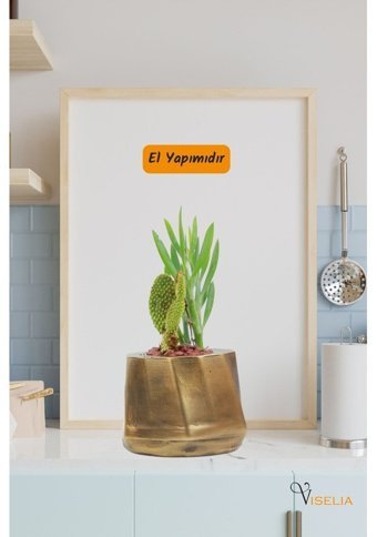 Evene Dekoratif Küçük Kalın Çizgili Model Saksı Altın Eskitme