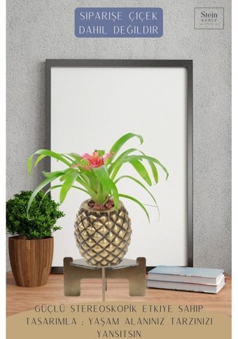 Evene Ayaklı Ahşap Büyük Boy Ananas Model Saksı Altın Eskitme