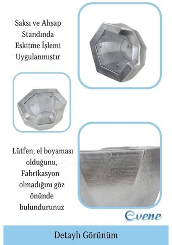 Evene Ahşap Ayaklı Beton Dekoratif Önü Açık Model Saksı Gümüş Eskitme