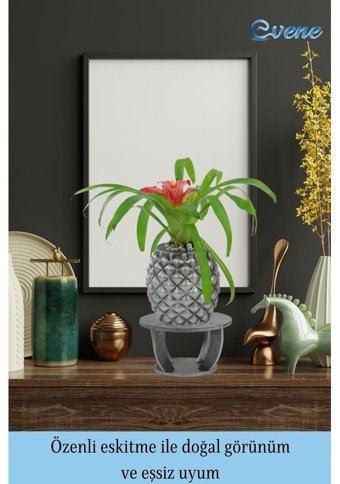 Evene Ahşap Ayaklı Beton Saksı Büyük Boy Ananas Model Saksı Gümüş Eskitme