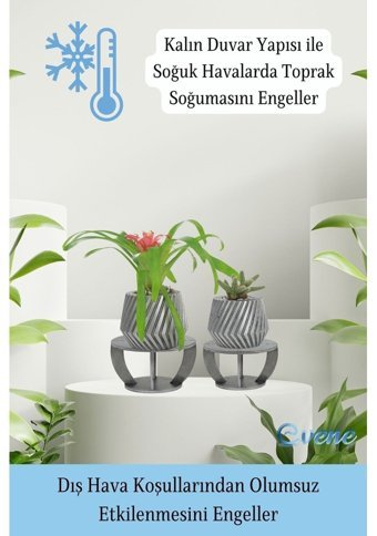 Evene Ahşap Ayaklı Beton Büyük Boy Set 2 Adet Dişli Model Saksı Gümüş Eskitme