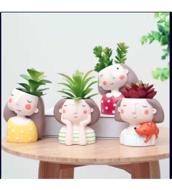 Giftyummyshop 4 Adet Kız Figürlü Sukulent Saksı Seti