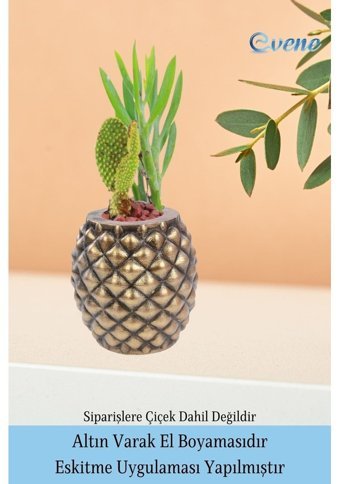 Evene Ahşap Ayaklı Beton Büyük Boy Set 2 Adet Ananas Model Saksı Altın Eskitme